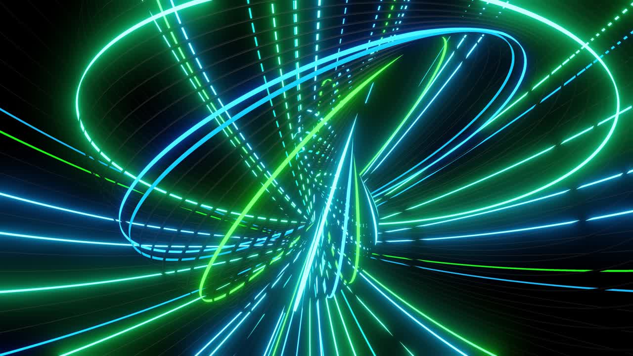 추상적인 기하학적 루프 bg와 링은 복잡한 휘어진 나선형과 빛 효과를 형성합니다. 링은 네온 다채로운 불빛을 박이고, 쇼 또는 이벤트, 축제 또는 콘서트, 야간 클럽을위한 네온 링 전구.