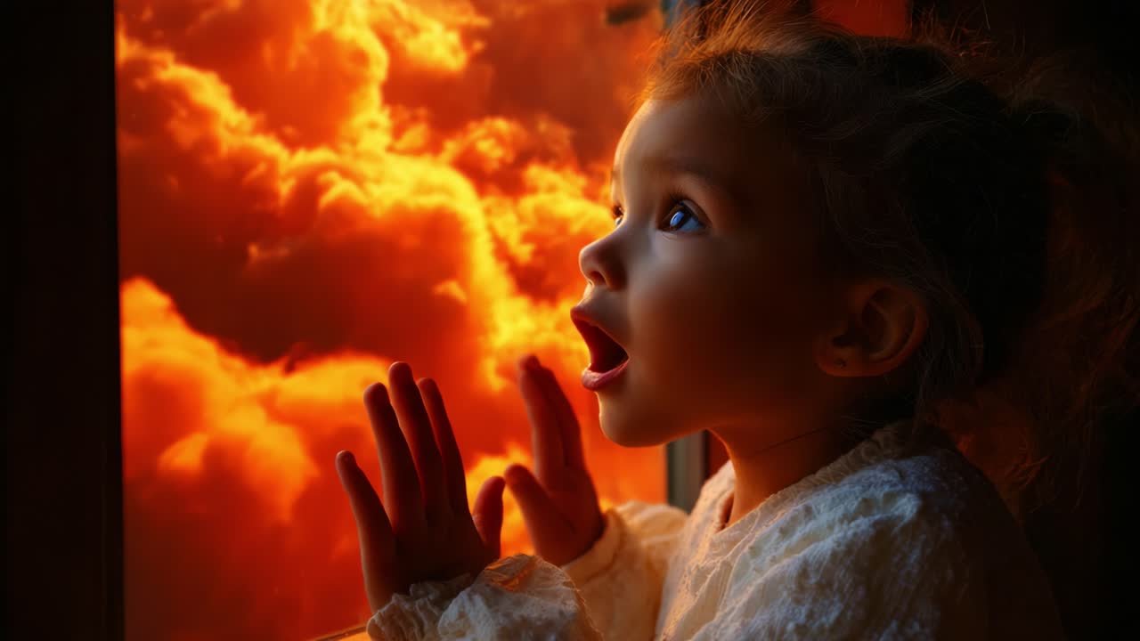 A Beautiful Sighting: A Child Mesmerized by the Vibrant Sunset Clouds, Capturing a Moment of Wonder and Imagination Through the Window, Representing Joy and Innocence in Nature's Splendor