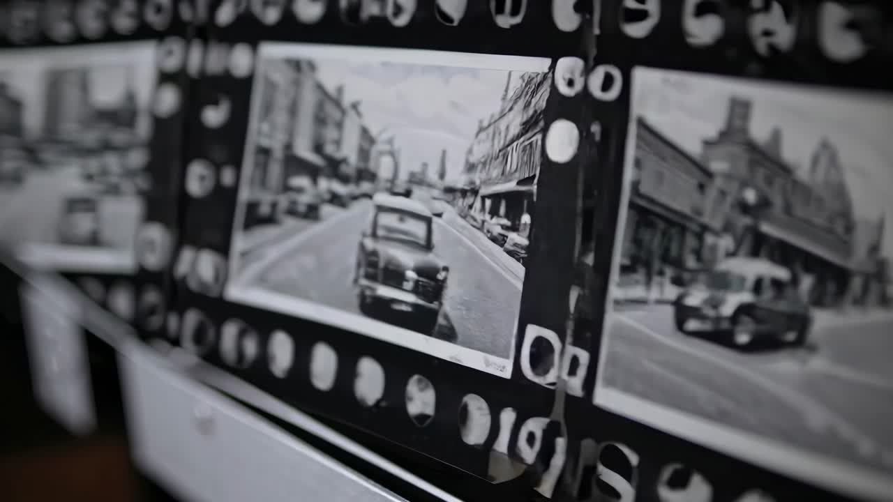 Şehir sokaklarını gösteren, eski bir filme benzeyen vintage siyah beyaz fotoğrafların yakın çekim açısı