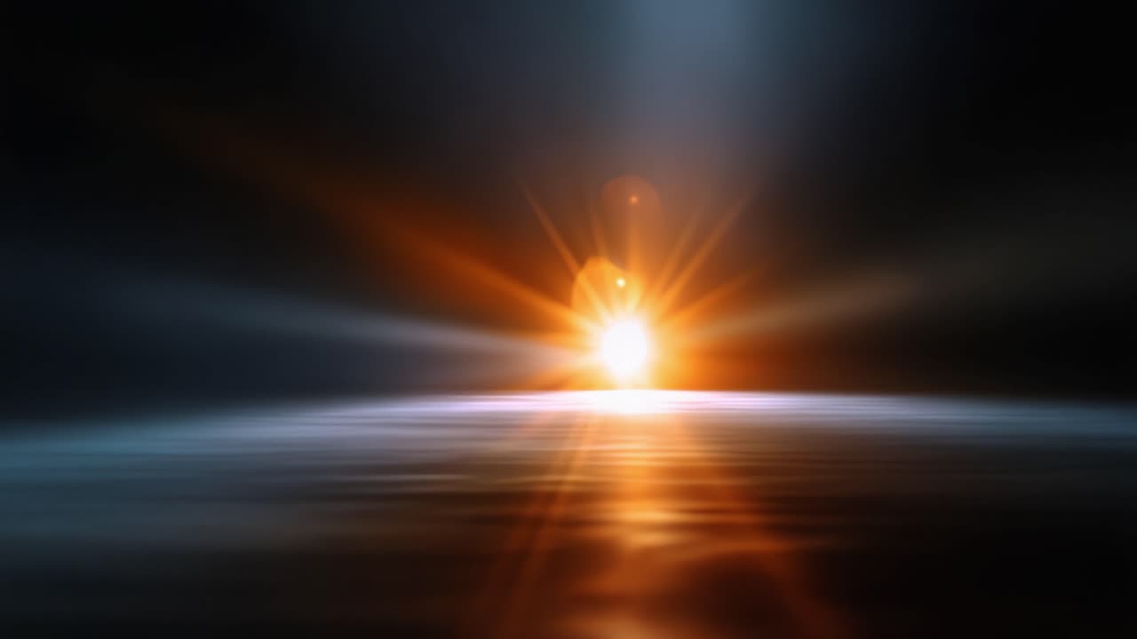 Un'alba ipnotica sull'orizzonte, catturata in una luce incandescente, che proietta riflessi sull'acqua e illumina il cielo con una luce eterea