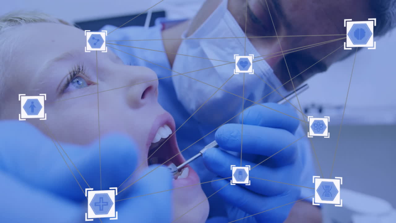 의료 아이콘과 네트워크 연결을 가진 치과 검사 환자와 치과 의사에 대한 애니메이션