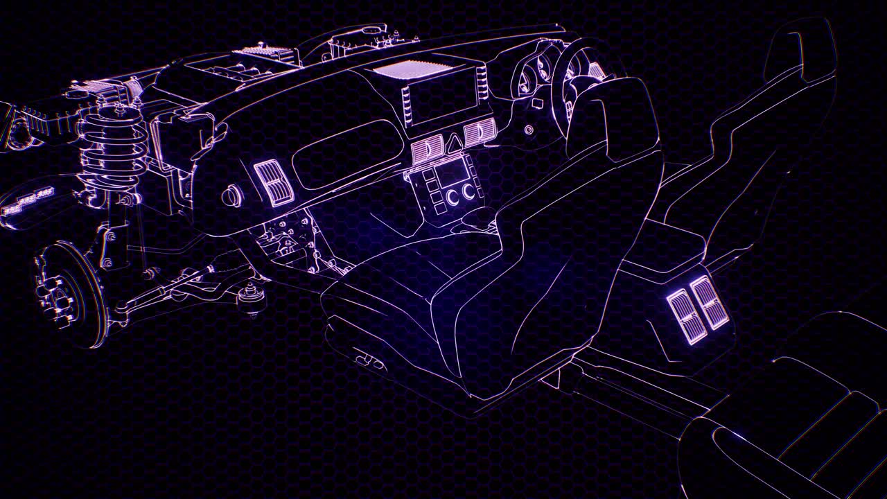 엔진이 있는 3d 와이어프레임 자동차 모델의 홀로그래픽 애니메이션