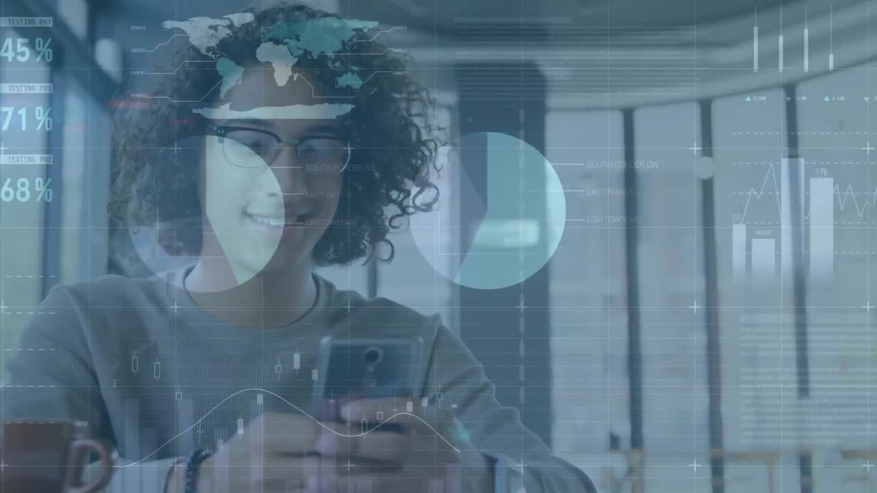 animación del procesamiento de datos financieros sobre el hombre utilizando un teléfono inteligente