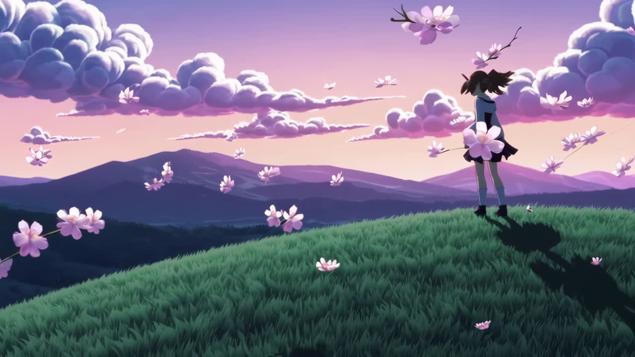 Ragazza su una collina al tramonto