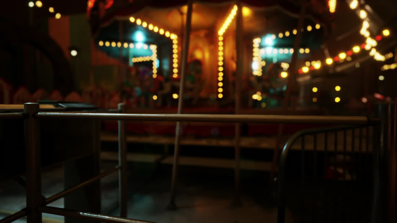 A quiet night at the empty amusement park with glowing lights and no visitors
