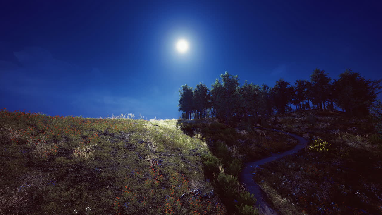 Moonlit landscape with trees and winding path under nighttime sky