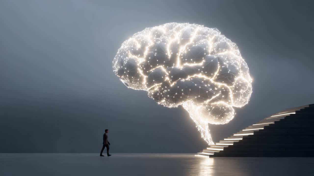 Una figura solitaria si avvicina a una formazione cerebrale luminosa ed eterea, simboleggiando il viaggio della conoscenza e della creatività su uno sfondo suggestivo e atmosferico, invitando all'introspezione e all'esplorazione