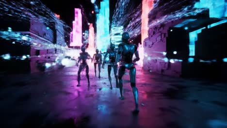 advanced beings traverse a vibrant, neon-lit cityscape filled with towering structures and dynamic light displays. the atmosphere is electric as they explore their surroundings under a starry sky.