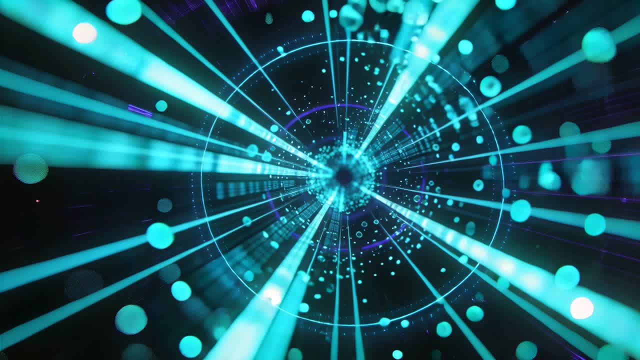 Camera thrust starting forward motion, neon tunnel beams and dots densifying to highlight HUD rings