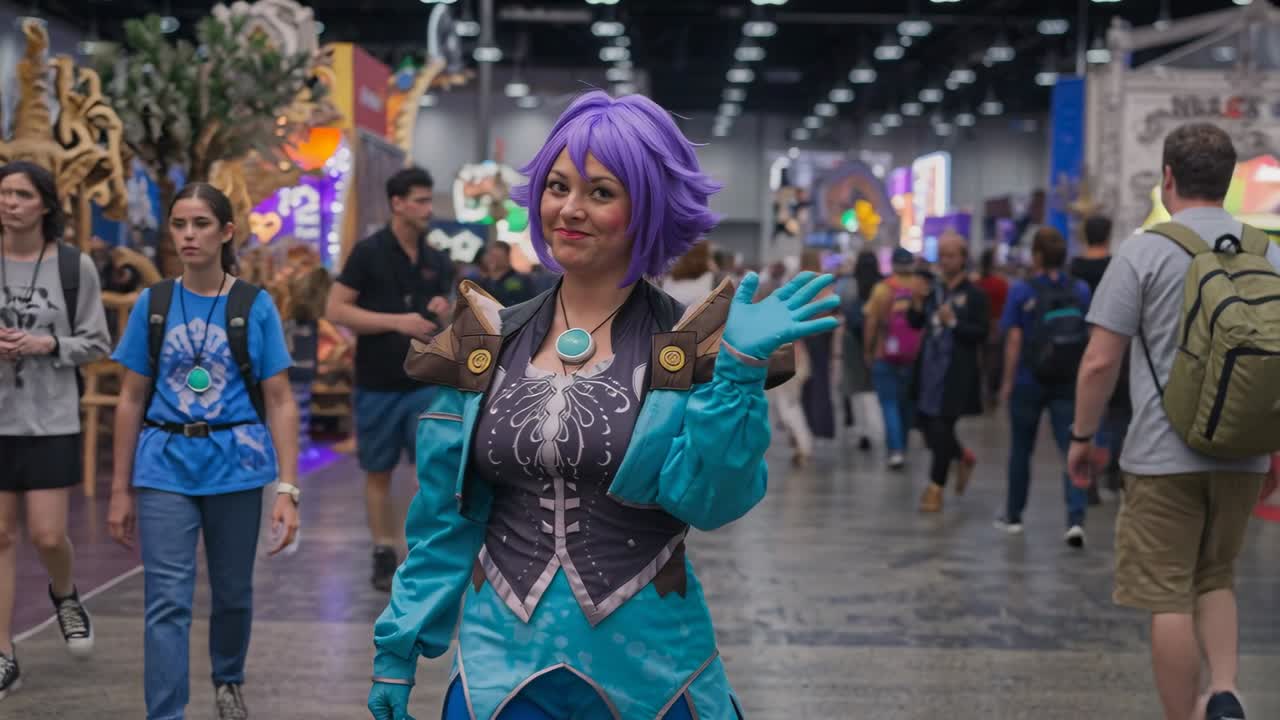 Heiluttava cosplay-harrastaja reagoi kameran tarkennukseen, nostaa kättään ja hymyilee messukäytävällä, yllään violetti peruukki.