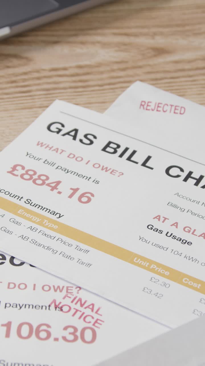 Vertical Video Of Overdue UK Bills For Energy, Mortgage And Broadband