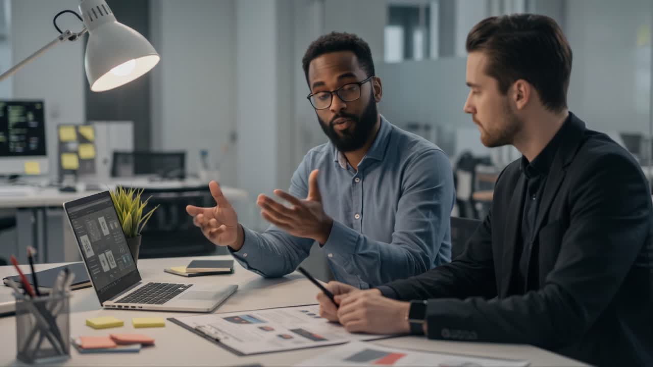 Engaging Collaboration: Two Professionals Deep in Discussion Over Digital Data and Strategies in a Modern Office Setting