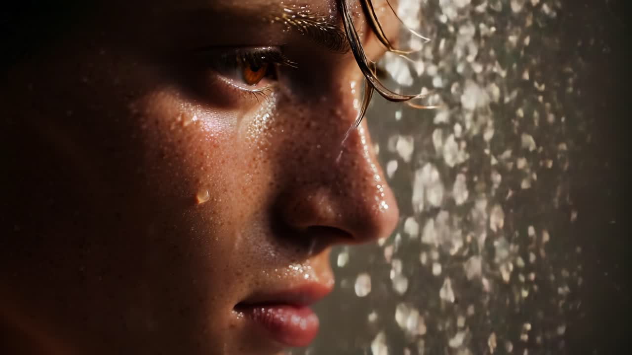 Intense Close-Up of a Young Face with Water Droplets, Capturing Emotional Depth and Natural Beauty Against a Soft Background in a Dramatic Lighting Setting