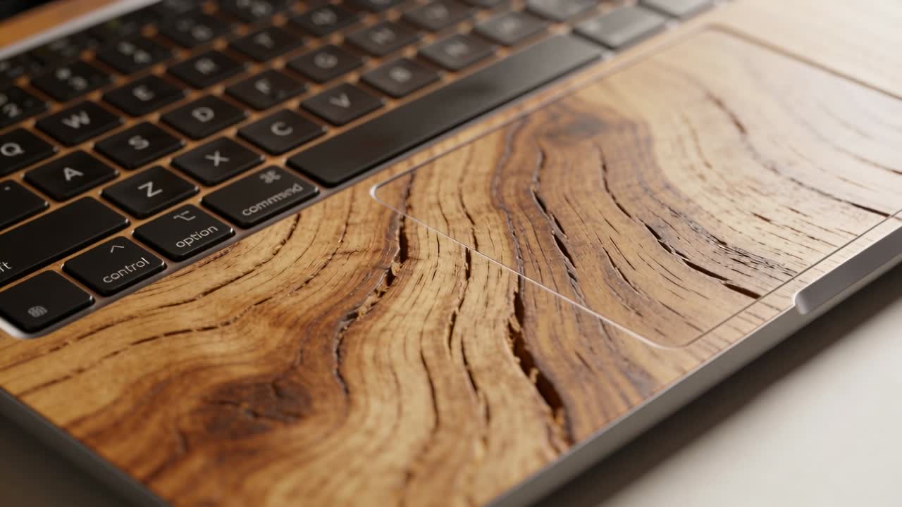 Panning camera to reveal laptop palmrest with wood-grain skin and modifier keys on studio table