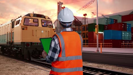 back view of asian male engineer with safety helmet working on a green screen tablet and looking around while standing with freight cargo train at port