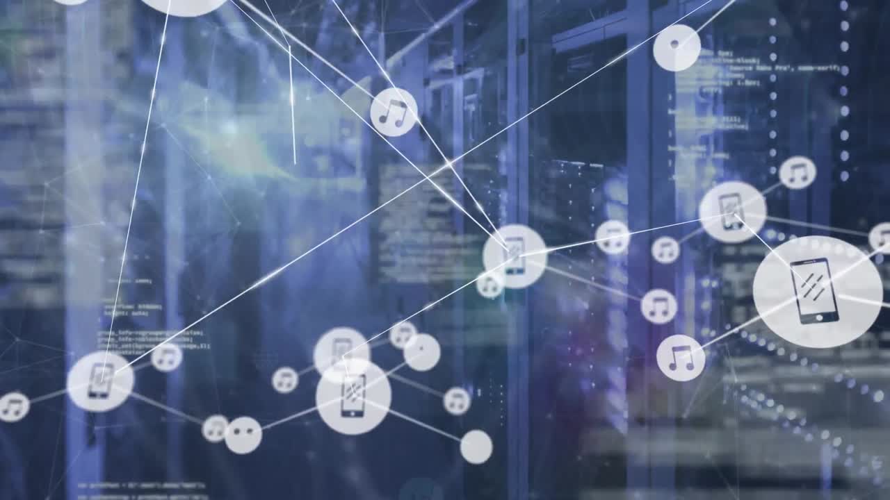 Animation of connected icons and dots with programming language over server room