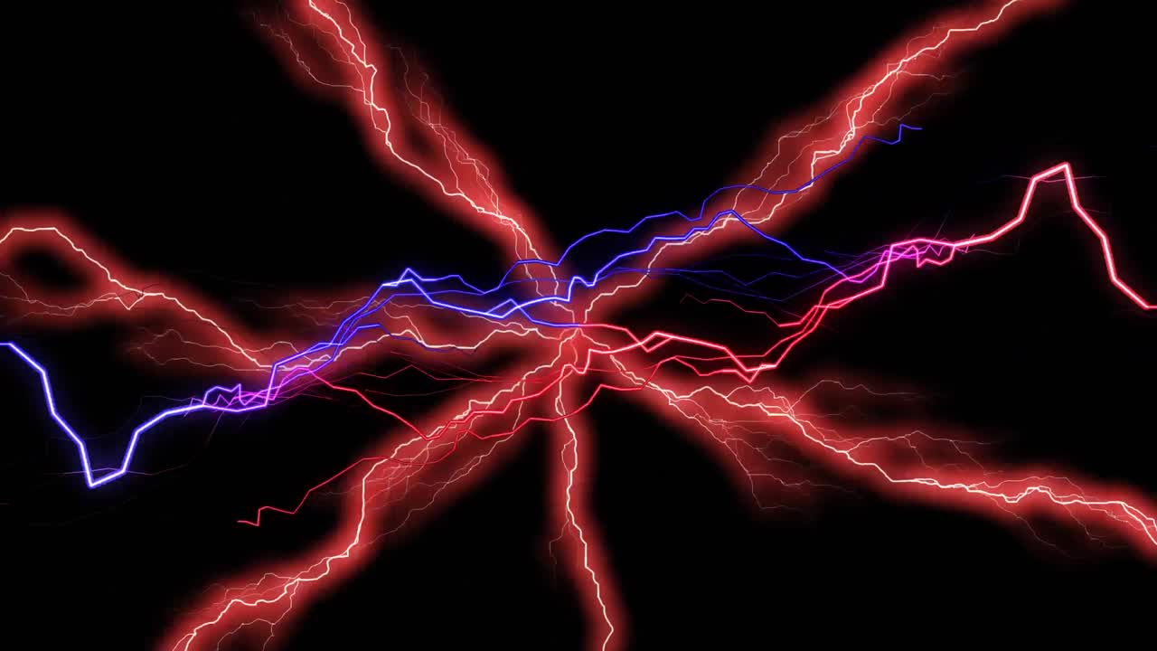 Animation of red and blue electrical currents over red lightning flashes on black background