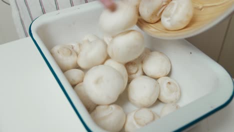 close up on putting mushrooms from deep wooden bowl into ceramic tray for cooking