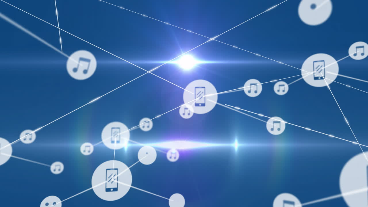 스마트폰과 음악 아이콘이 선으로 연결된 네트워크 통신 애니메이션