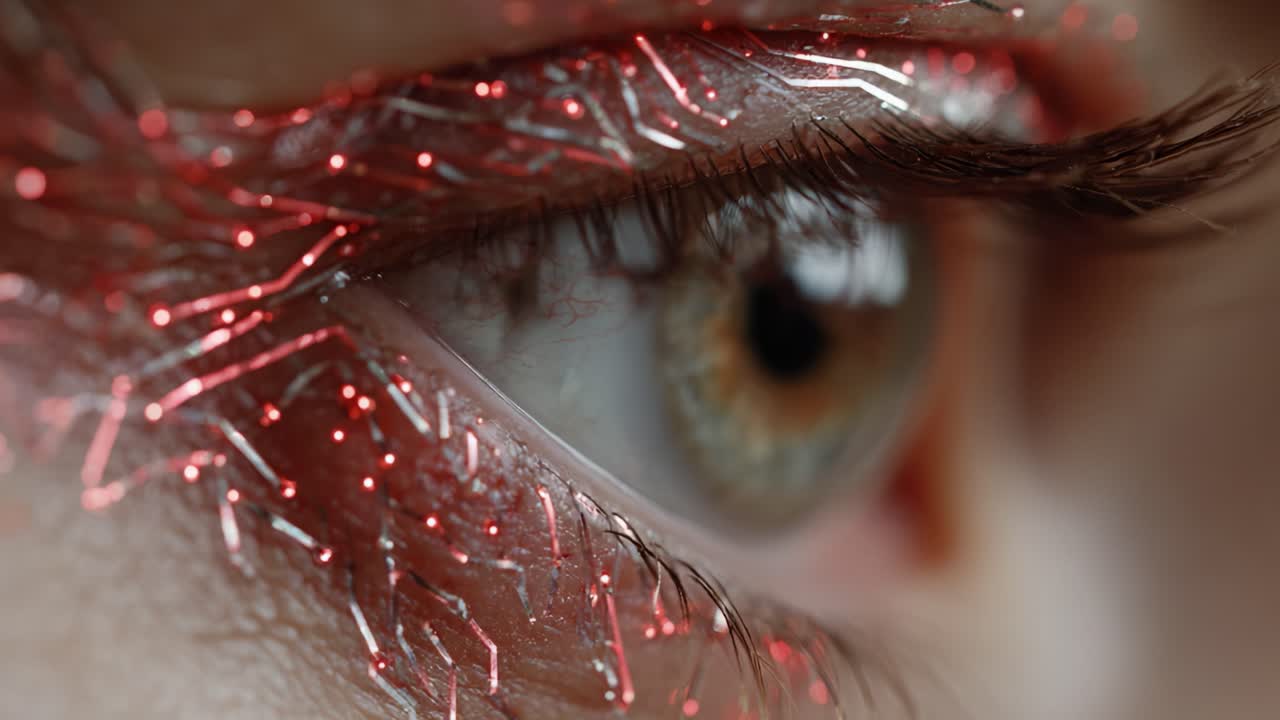 Close-up of a Human Eye Adorned with Intricate Red Electrical Patterns, Highlighting Artistic Makeup and Innovative Aesthetics in Modern Visual Design