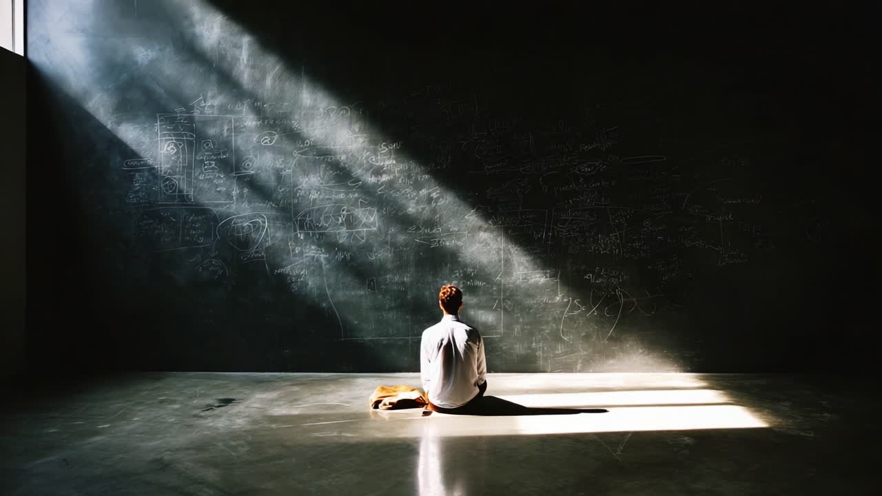 Contemplation in Solitude: A Figure Seated in Quiet Reflection, Bathed in Light, Amidst an Abstract Background of Scribbles and Thoughts on a Dark Wall