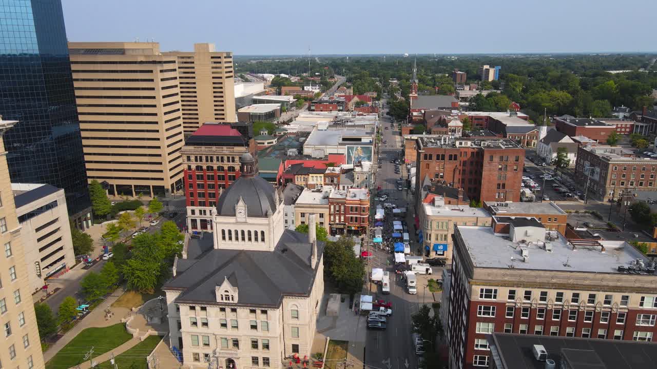 Aerial View of Downtown City with Courthouse and Farmers Market