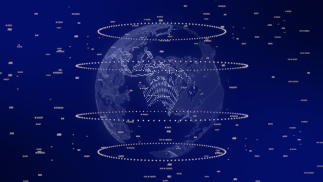 Australia country emerges on rotating digital globe, surrounded by energy particles, illustrating advanced data analysis in cinematic background