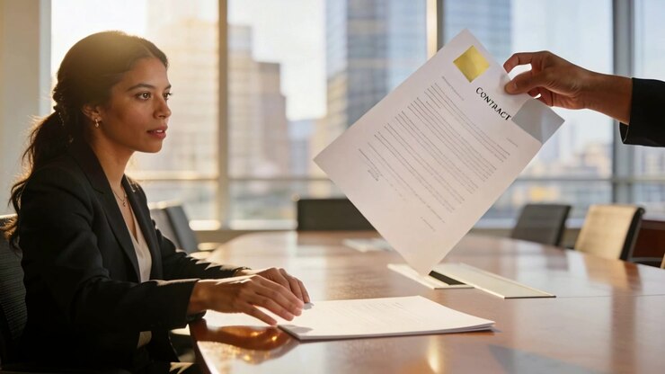 Hand extending CONTRACT, woman in blazer reaching and sorting pages for review in office
