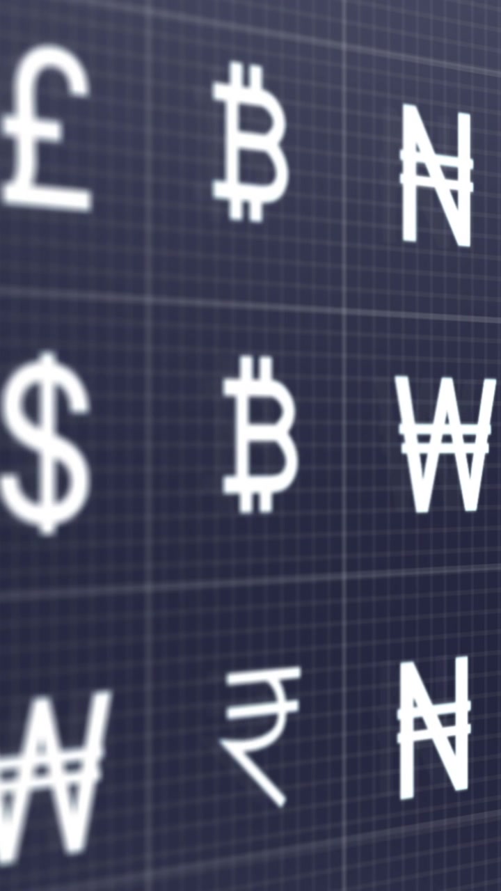 Animazione di simboli di valuta su sfondo nero