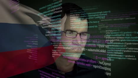 animation of caucasian male hacker over data processing and flag of russia