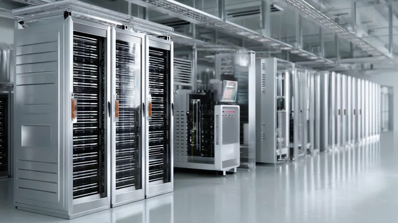 High-Tech Data Center Featuring Rows of Server Racks and Modern Equipment in a Secure and Efficient Environment for Enhanced Data Management and Storage Solutions