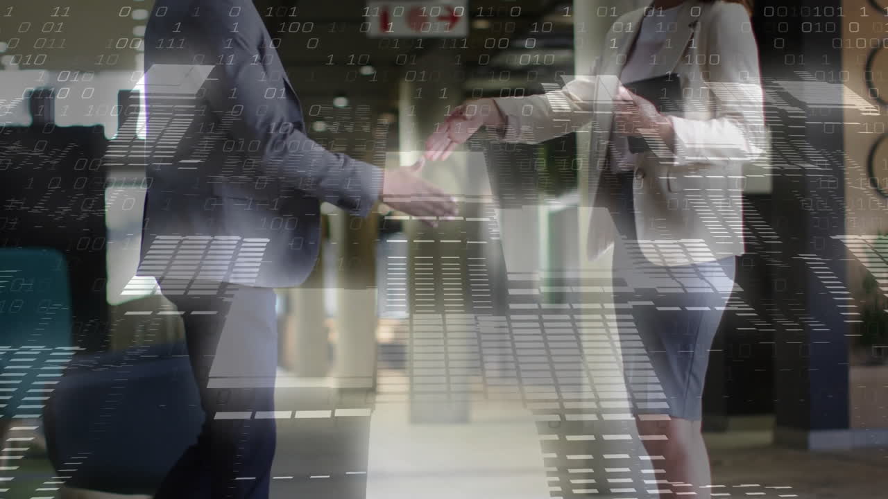 apretón de manos de negocios en la oficina con animación de procesamiento de datos en código binario