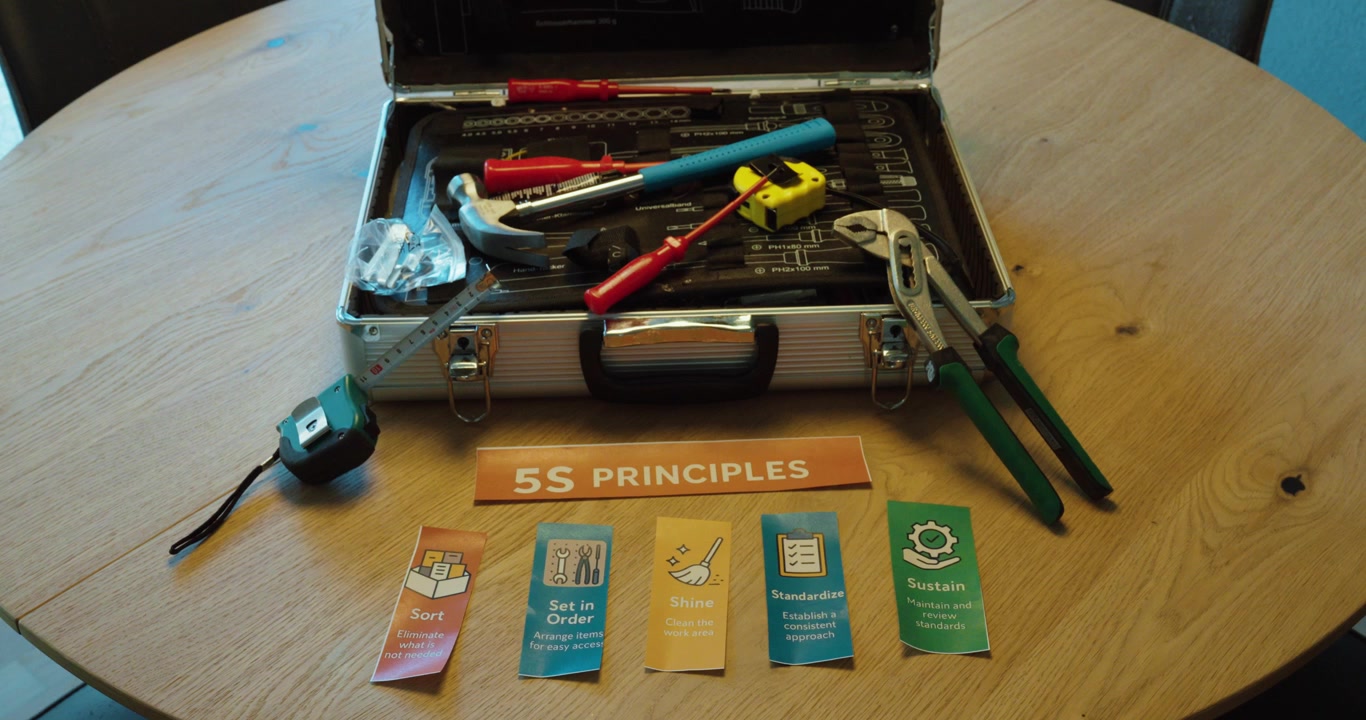 Person placing all five 5S principle cards in order, representing structured workplace organization and lean management methodology.