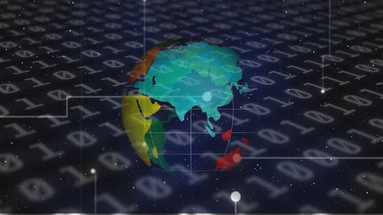 animación del procesamiento de datos detrás de un globo giratorio sobre fondo azul