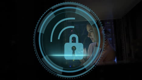 Digital lock animation over person working with technology equipment in server room