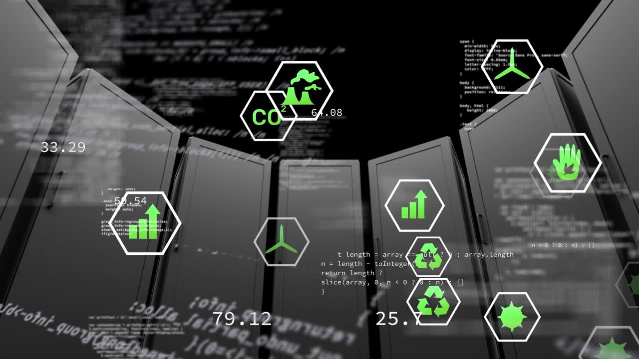 Animation of data processing and ecology icons over server room
