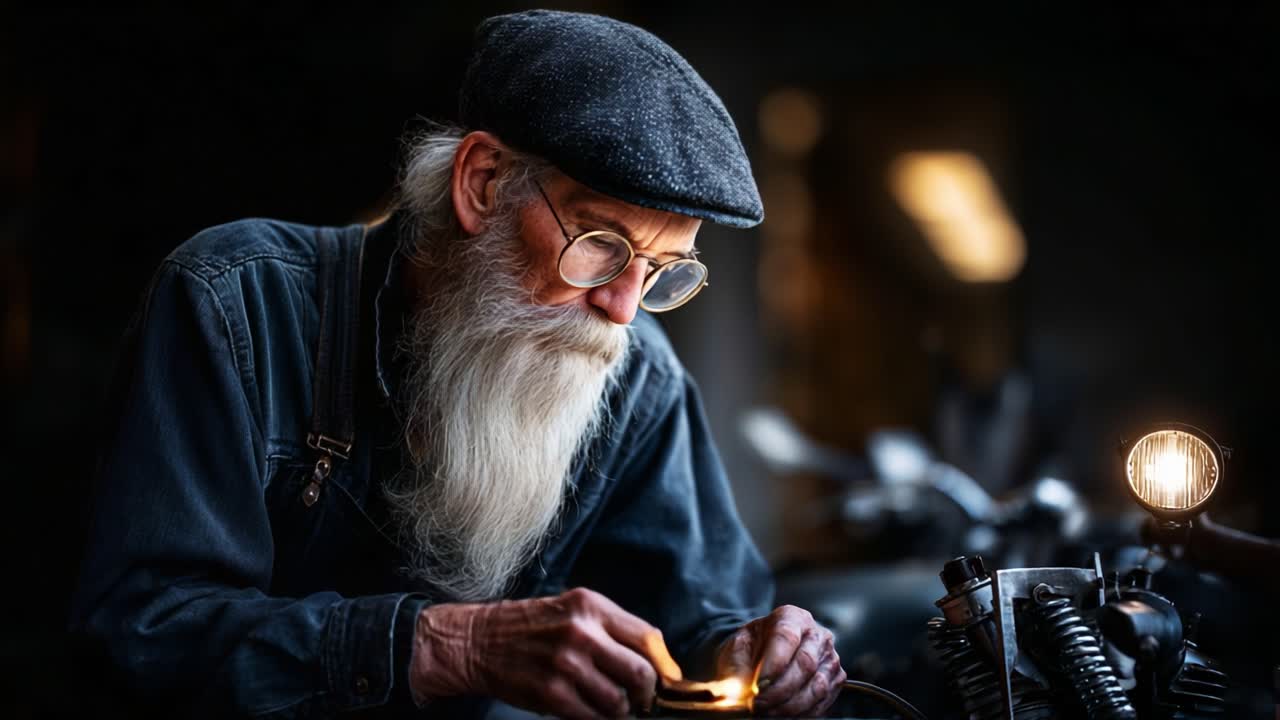 Elderly Artisan Mechanic Engaged in Intricate Repair Work on Vintage Motorcycle Components, Mastering Craftsmanship with Precision and Care in a Cozy Workshop Environment