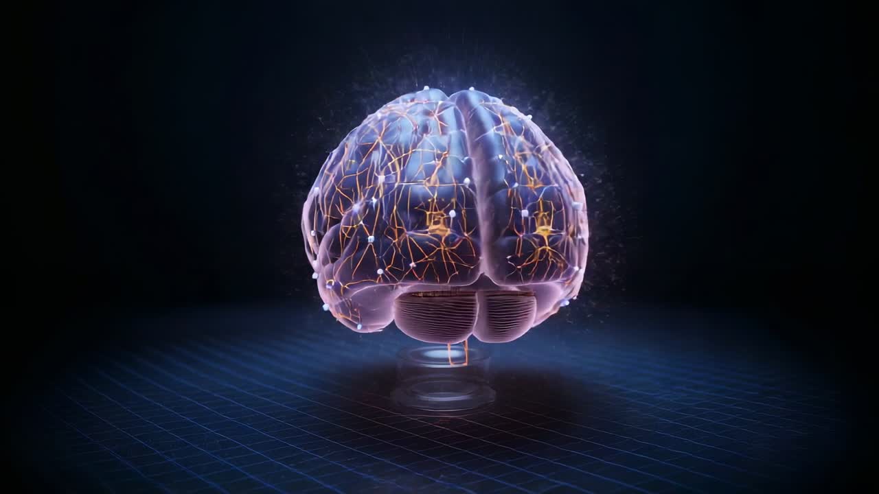 Appearing brain model rotating above pedestal in dark void, revealing golden pulses along filaments
