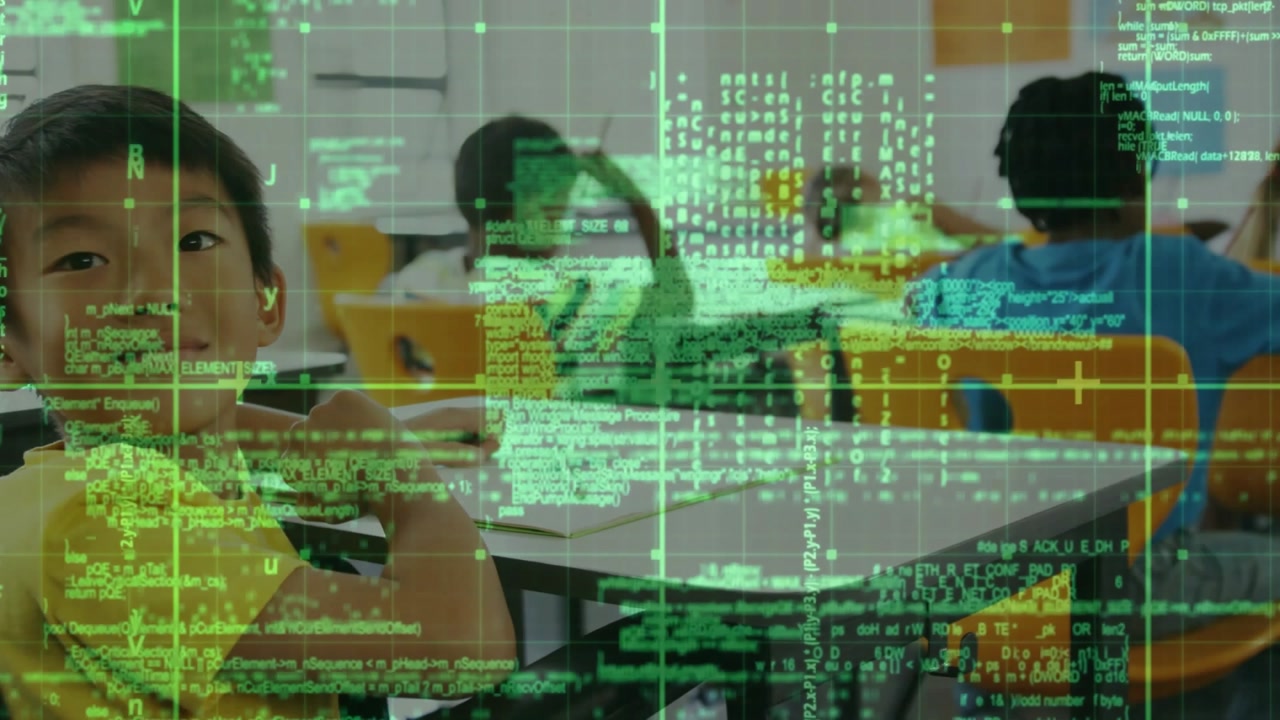 Code overlay driving blue-shirt boy raising hand then panning to yellow-shirt boy smiling in class