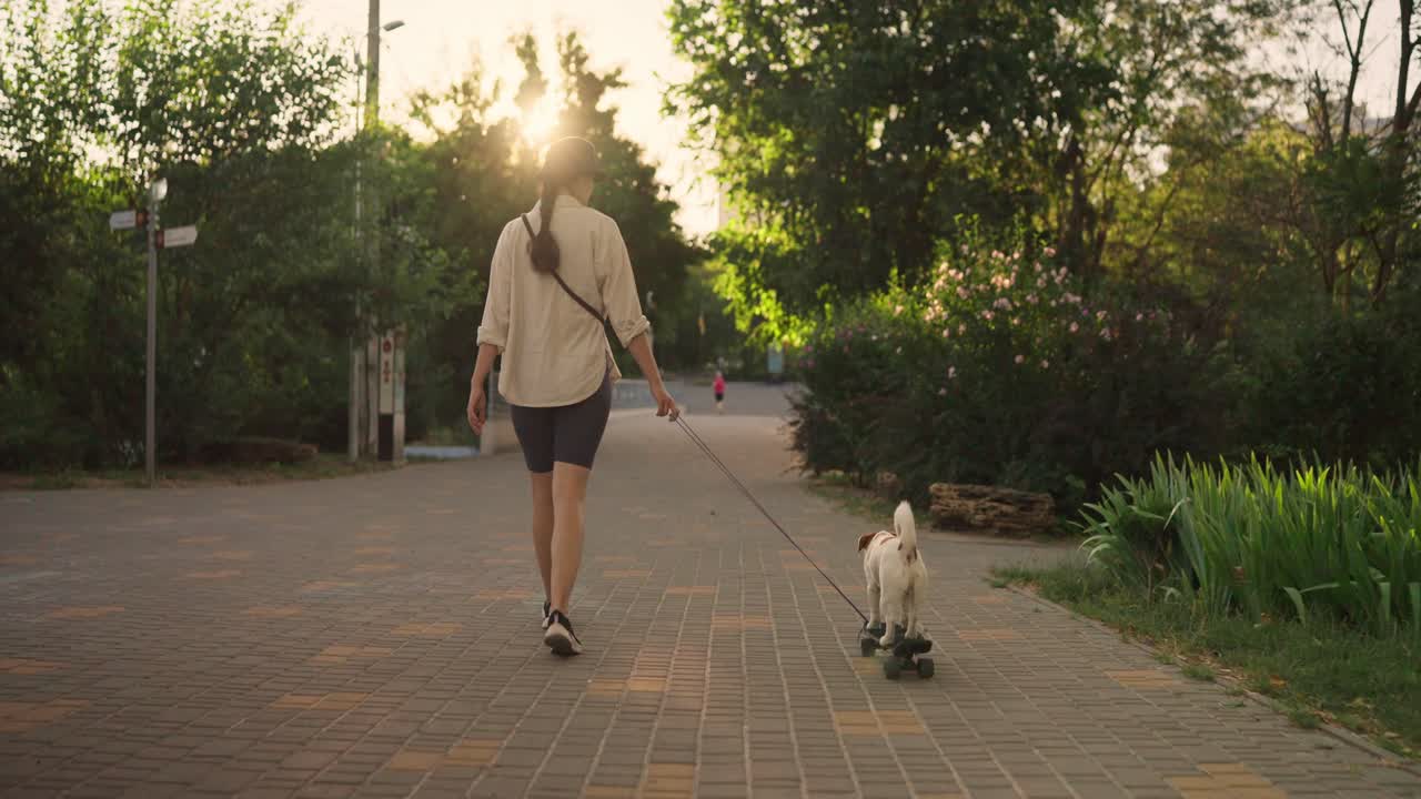 mujer paseando a su perro en una patineta en un parque