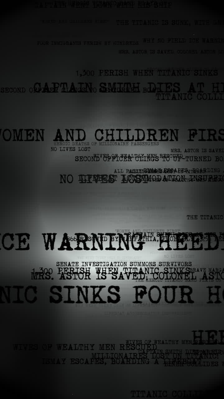 Journalist Newspaper Headlines report Titanic disaster on VERTICAL display