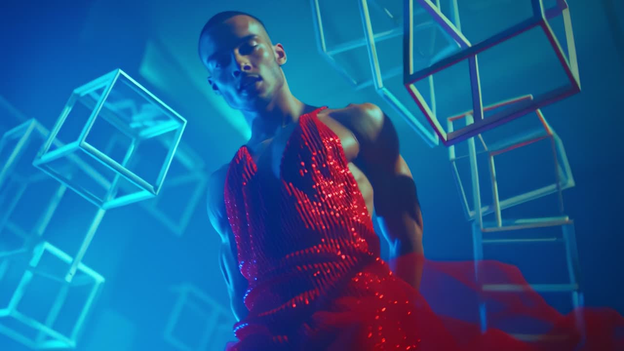 Un'abbagliante performance di danza di forza ed eleganza: movimenti accattivanti esaltati da colori vivaci e forme geometriche che emanano da un'ambientazione scenica dinamica