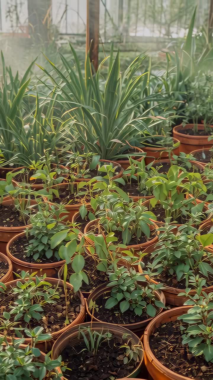 Vertical video: Tilting camera across greenhouse bench, revealing clay pots and variegated plant