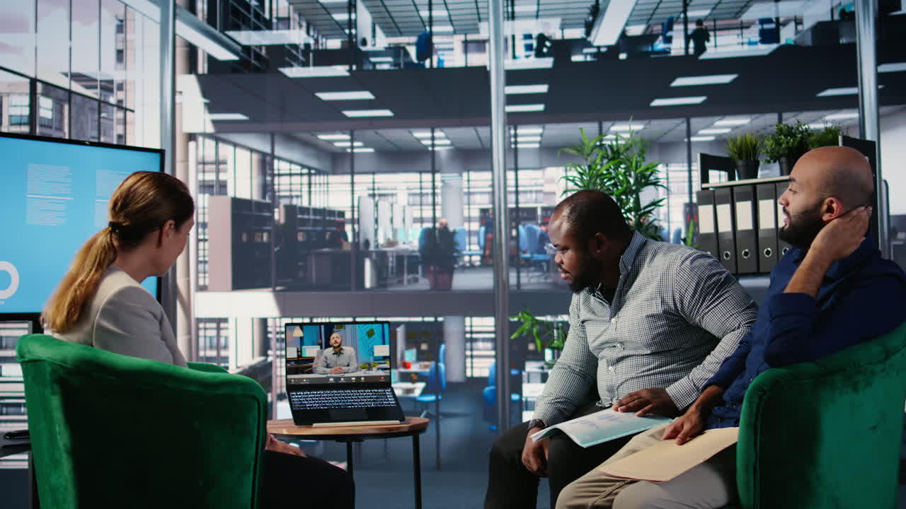 Remote briefing meeting between diverse business people in strategic partnership