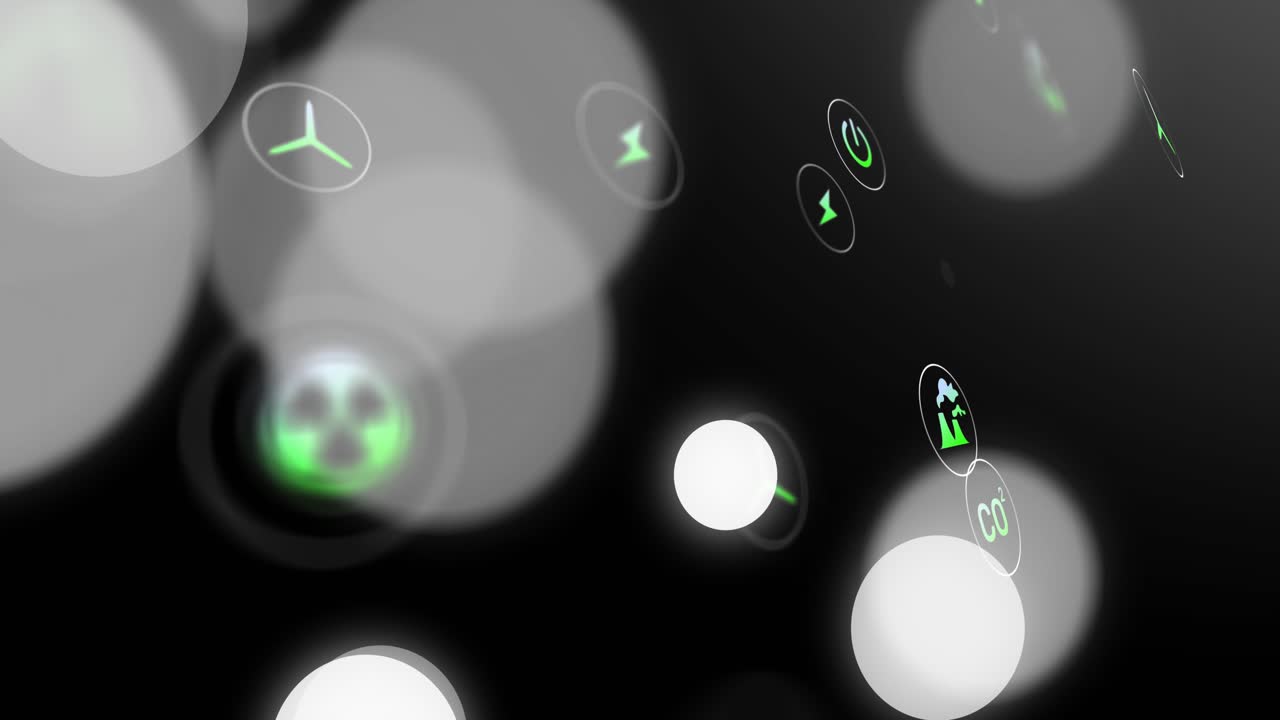 White spheres drifting aside revealing neon green icons rotating in 3D illustrating energy concepts