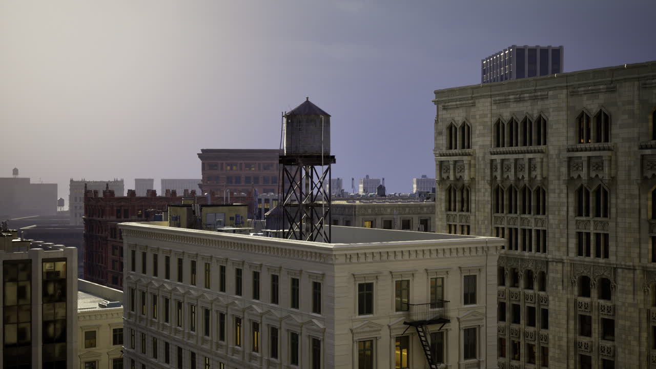 Urban skyline with vintage water tower at dusk in a city setting