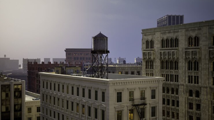 Paisagem urbana com torre d'água vintage ao entardecer em um cenário de cidade