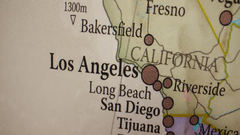 close-up of a map of california showing major cities
