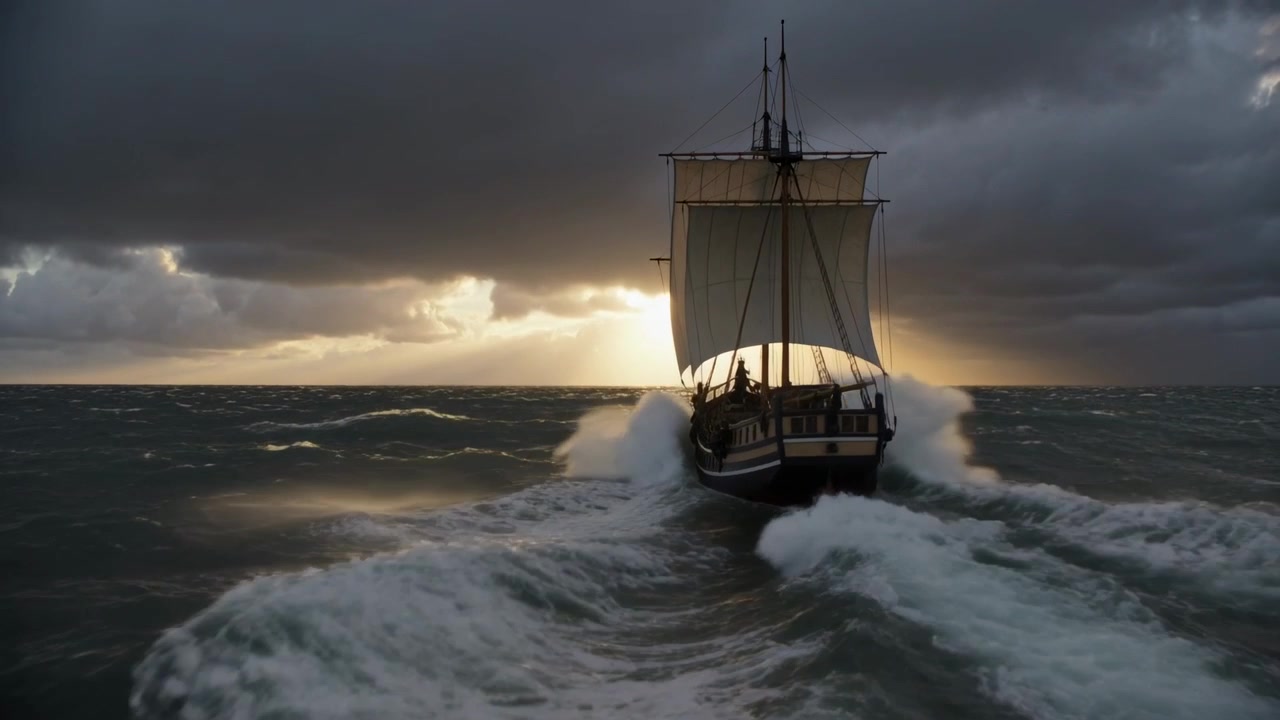 Et masteskip møter dønninger og pløyer tung sjø på havet, sjømenn i frakker sikrer riggen for sikkerhet.