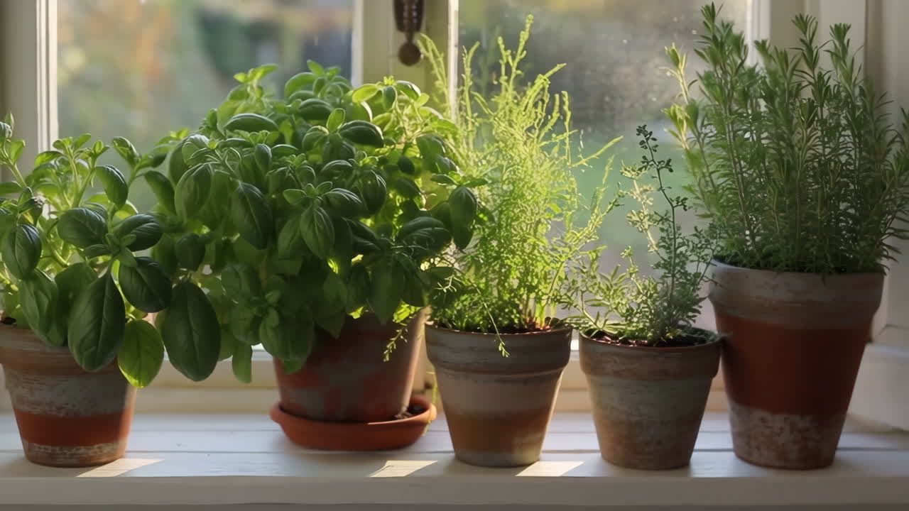 Herbs in Pots on a Windowsill